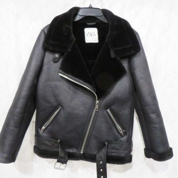 Zara Faux Fur Biker Jacket Woman's Size L - Picture 1 of 5